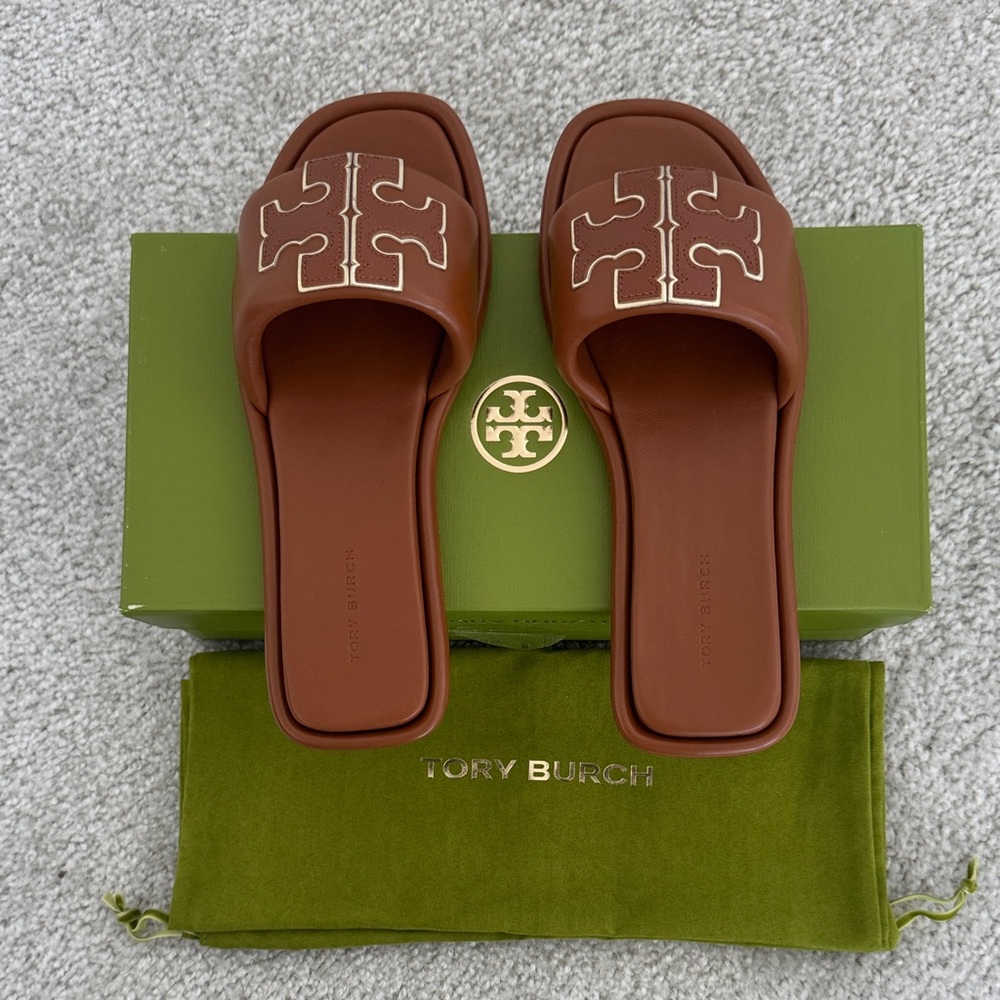 Tory Burch Women's Double T Leather Sport Slide, Tan, Size: 6, NWT - Picture 2 of 5